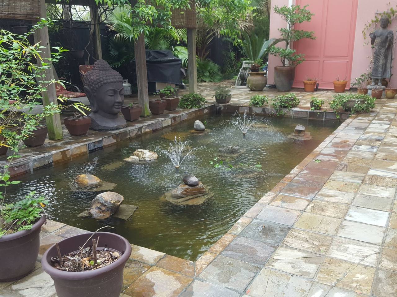 Rock-lined reflecting pool